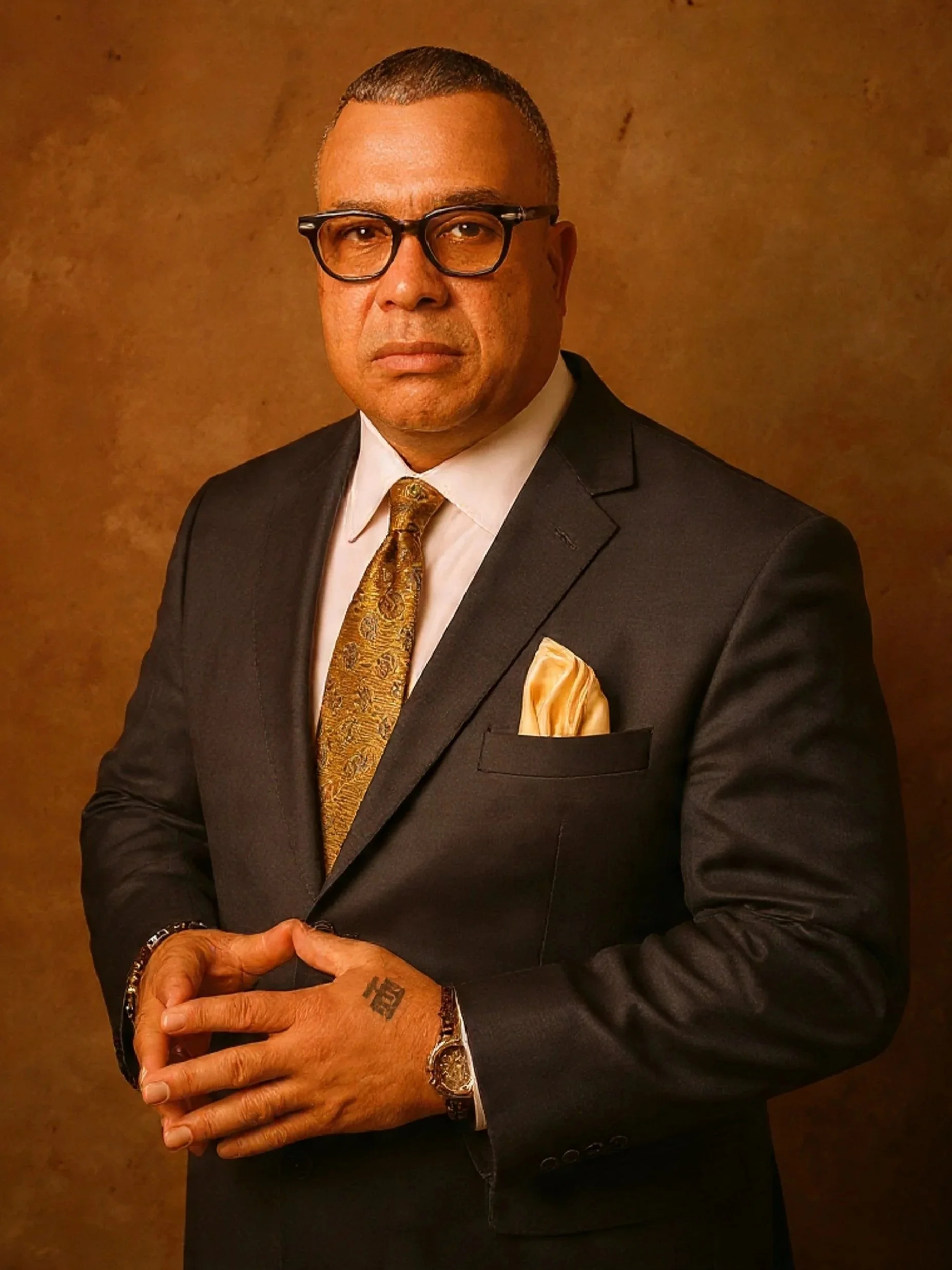 A man wearing a black suit, cream-colored pocket square, and a patterned gold tie, with glasses, short hair, and tattoos on his left hand, standing against a brown background.