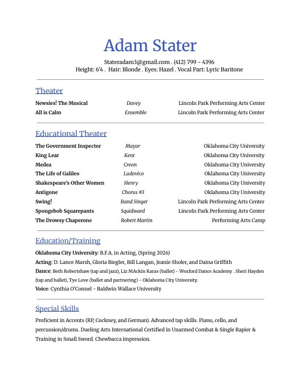 A resume of Adam Stater. It includes personal details, theater and educational theater experience, training, and special skills in performing arts.