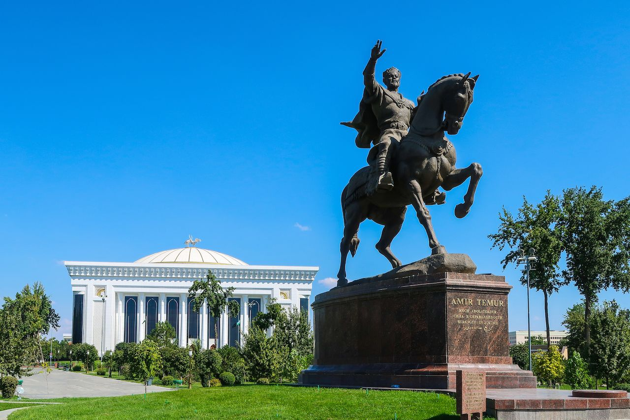 Amir Temur monument and the domed building beside Amir Temur Square in Tashkent