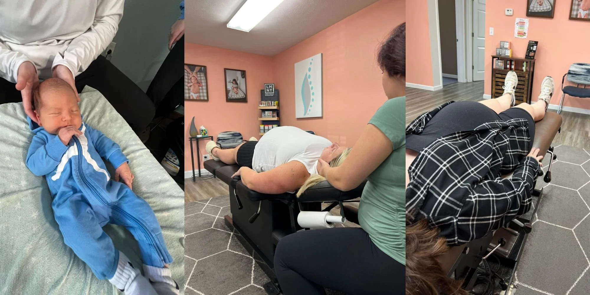 Three photos showing different patients receiving chiropractic care. The first photo shows a newborn baby lying on a table with a practitioner holding the baby's head. The second photo shows a woman lying face down on a chiropractic table with a prac