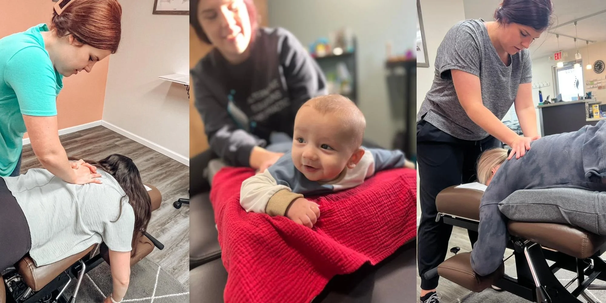 Three photos of individuals receiving chiropractic or massage therapy. The first and third photos show women lying face down on massage tables while practitioners perform adjustments or massages. The middle photo shows a smiling infant lying on a red