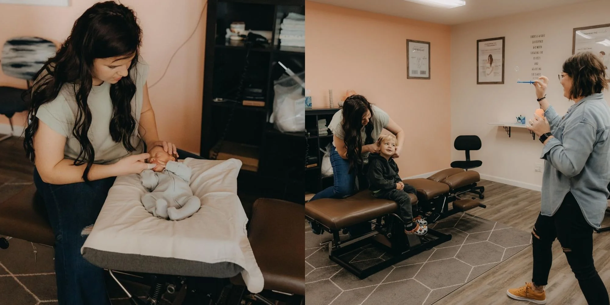 A woman is holding a newborn baby on a medical examination table, with a babysitter or mother bending over the baby. The scene appears to be in a medical or therapy office. In the second part of the image, the same woman is sitting on a therapy table