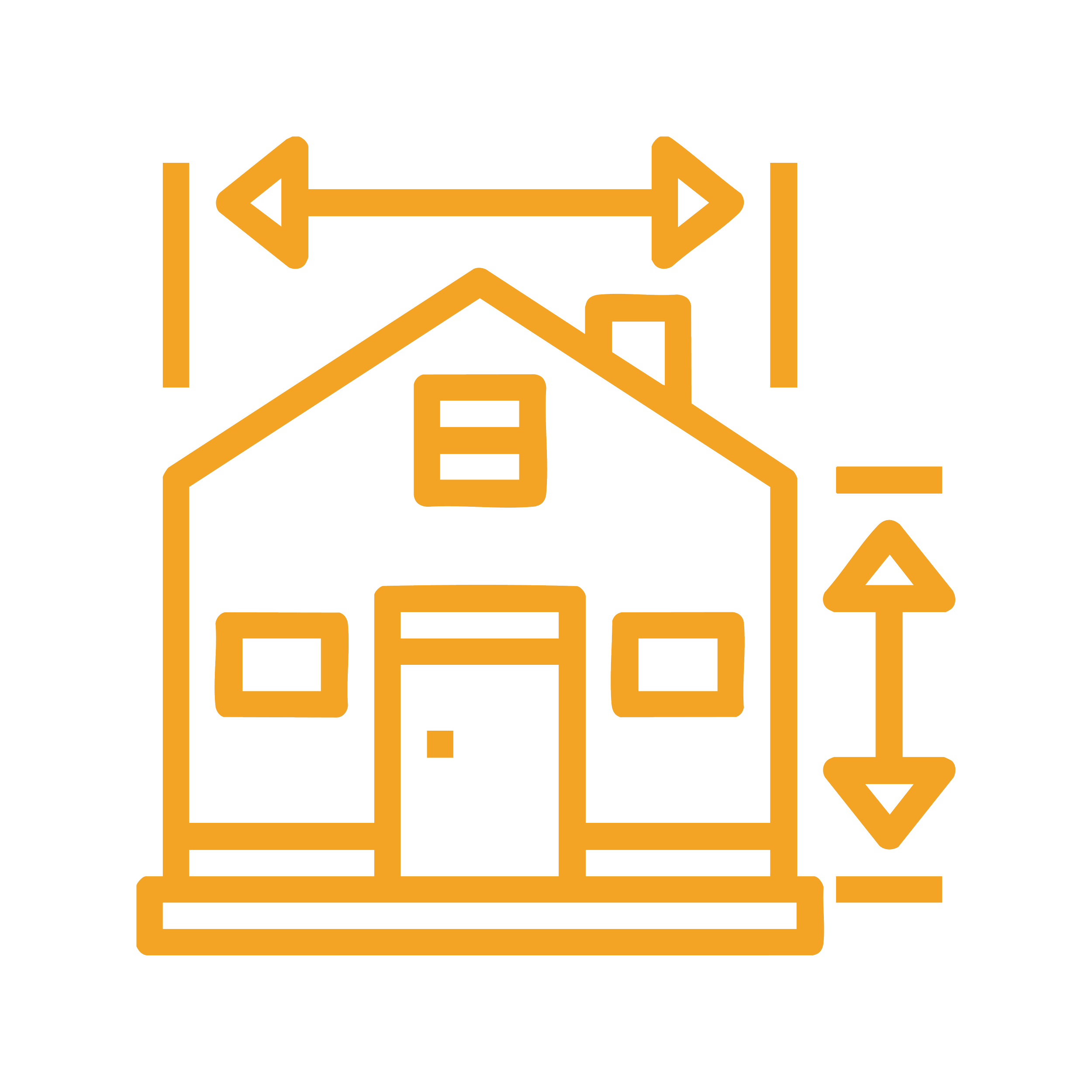Outline illustration of a house with measurement arrows indicating height and width.