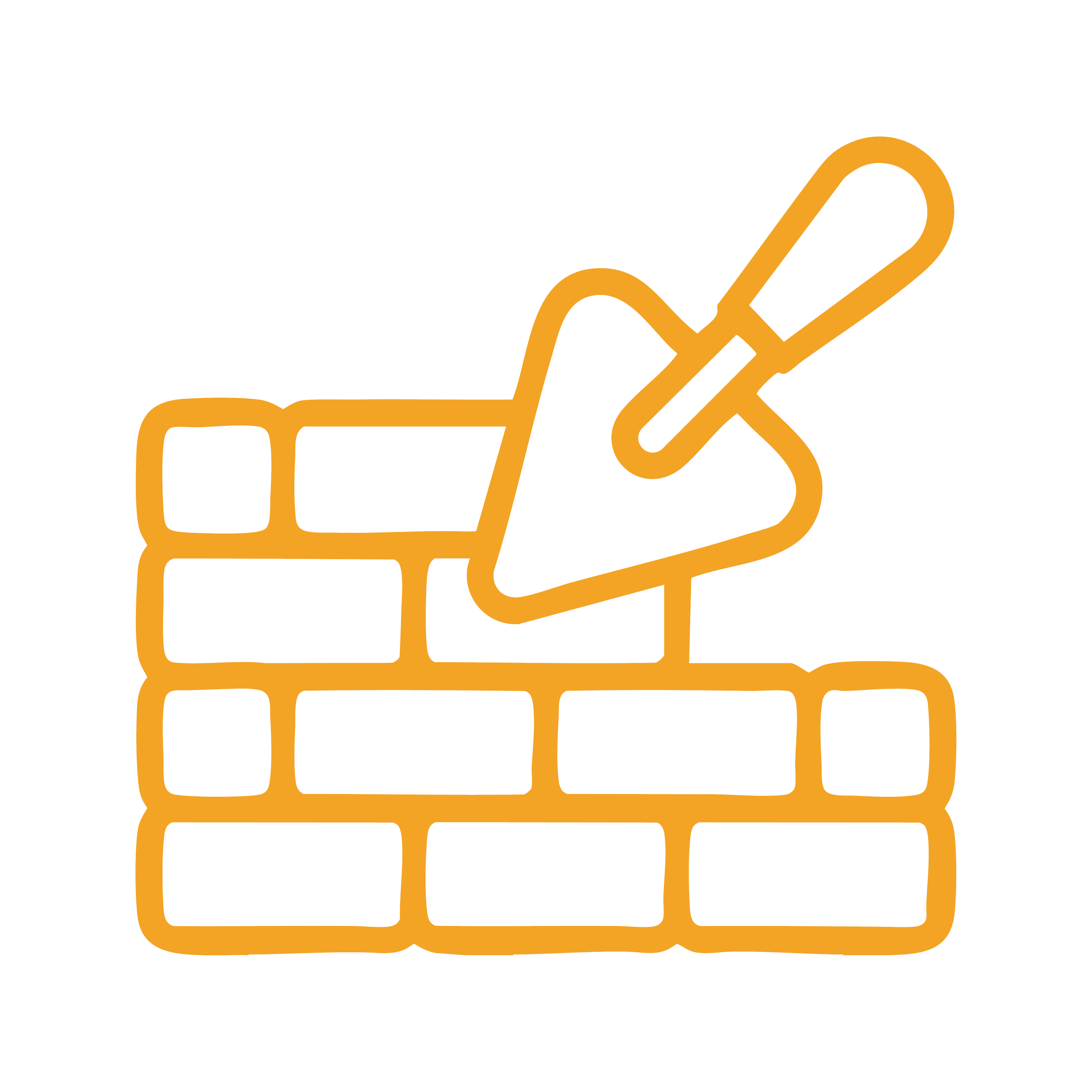 Outline illustration of brickwall with trowel and pointing tool, symbolizing bricklaying or construction.