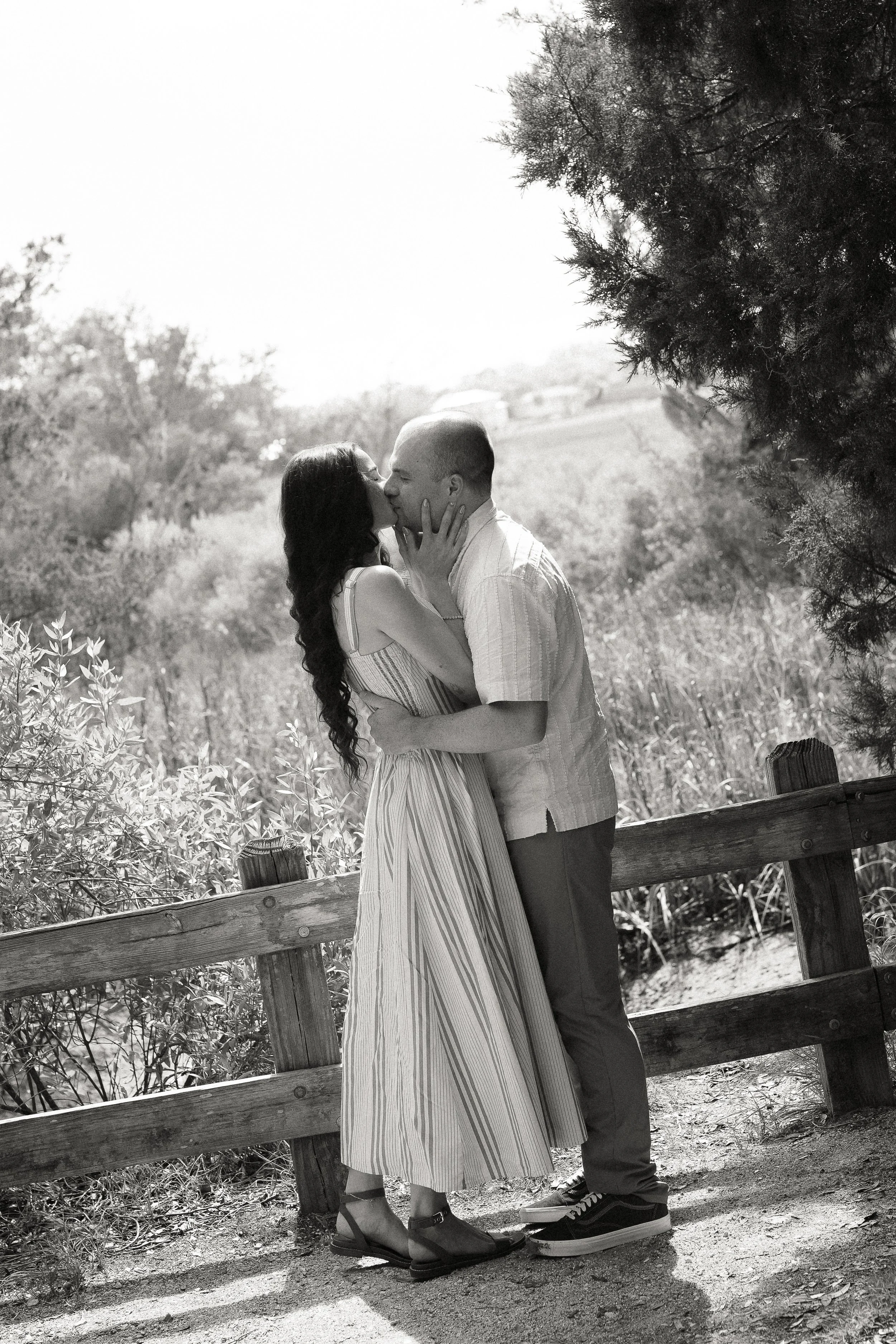 A couple sharing a kiss outdoors on a sunny day, standing near a wooden fence with bushes and trees in the background.