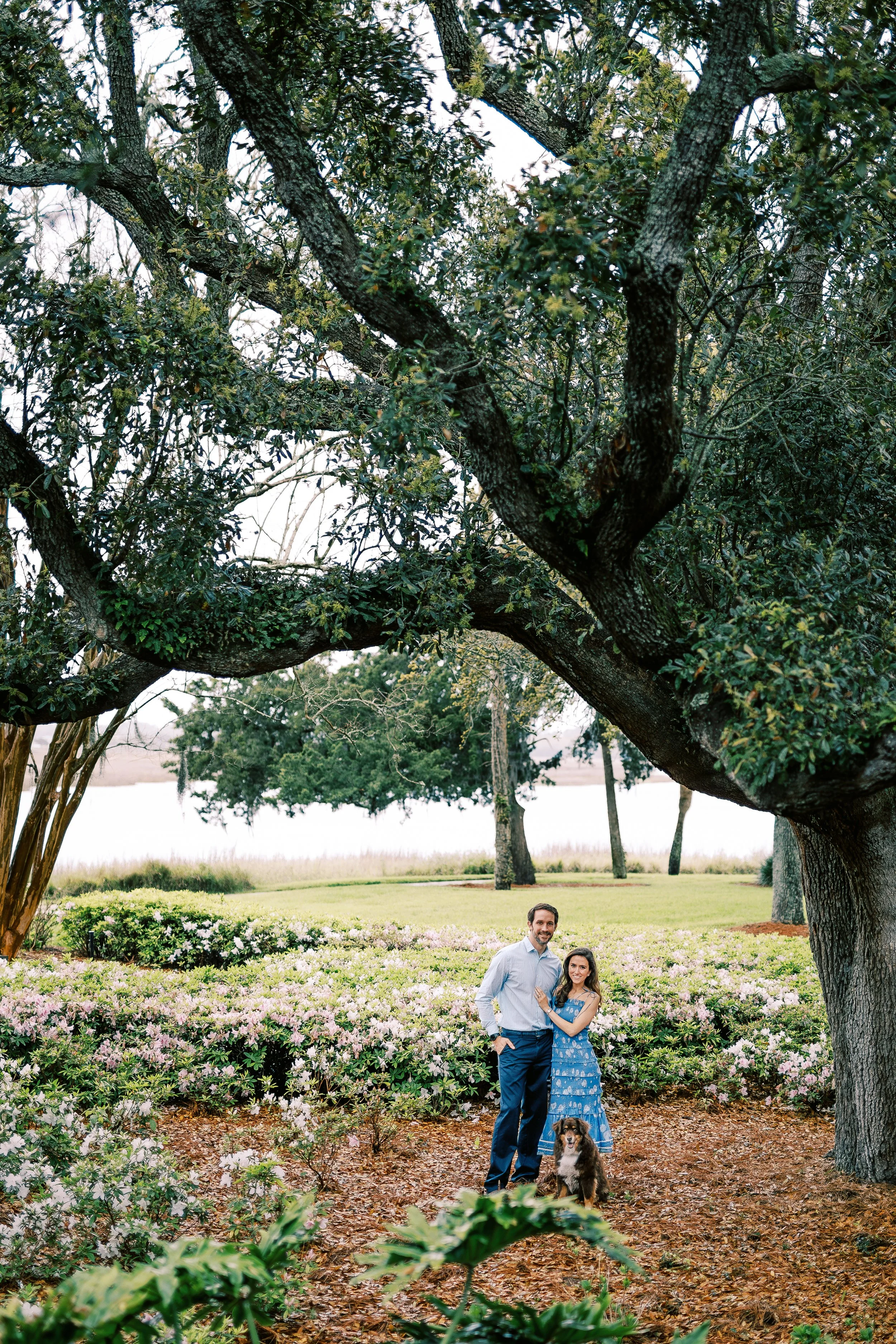 A smiling couple with a dog standing in a garden filled with blooming azalea bushes under large trees.
