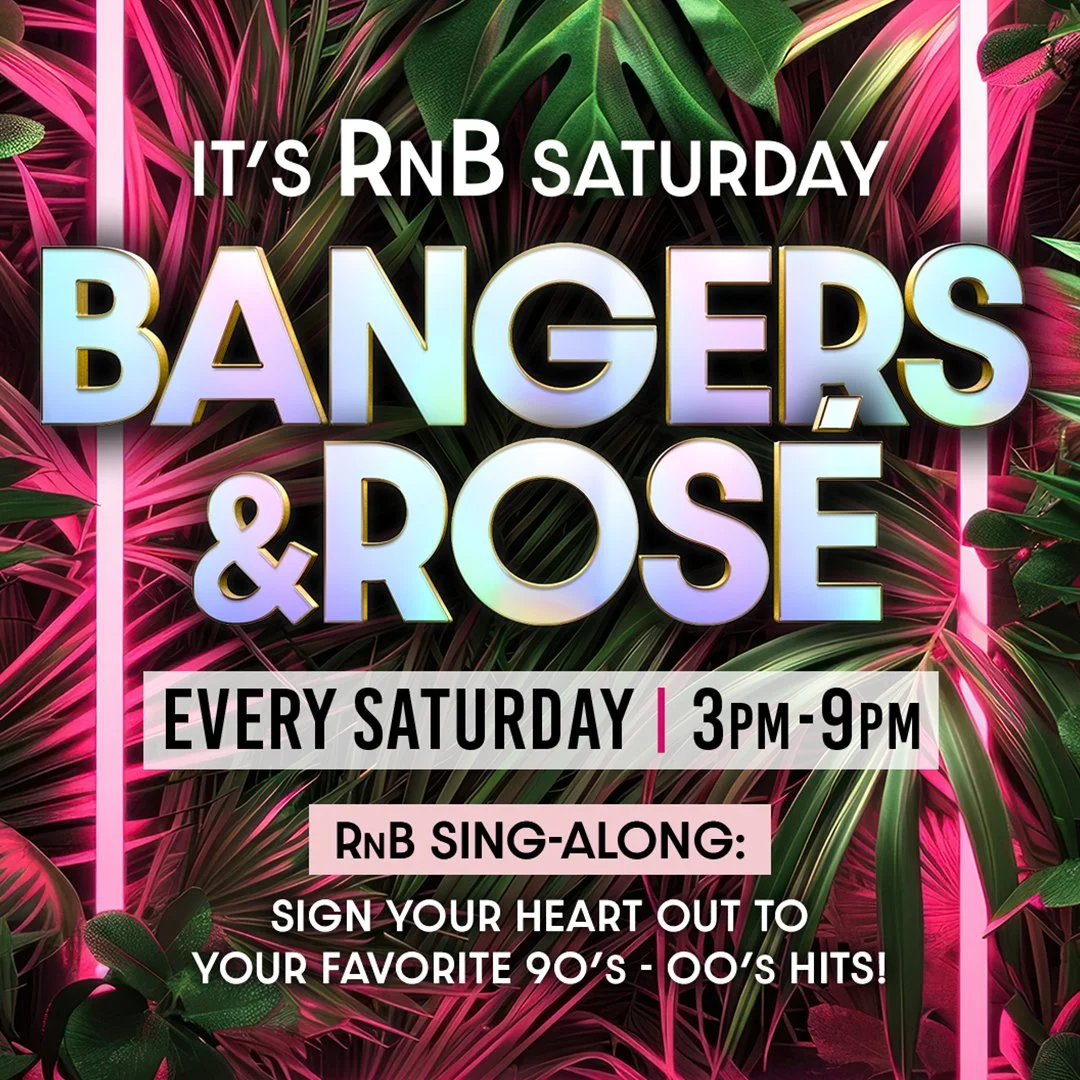 A promotional poster for a Saturday event called 'Bangers & Röse' featuring neon-colored tropical leaves background with pink and green tones. The event is from 3pm to 9pm, with Sing-Along activities for 90s and 00s hits.