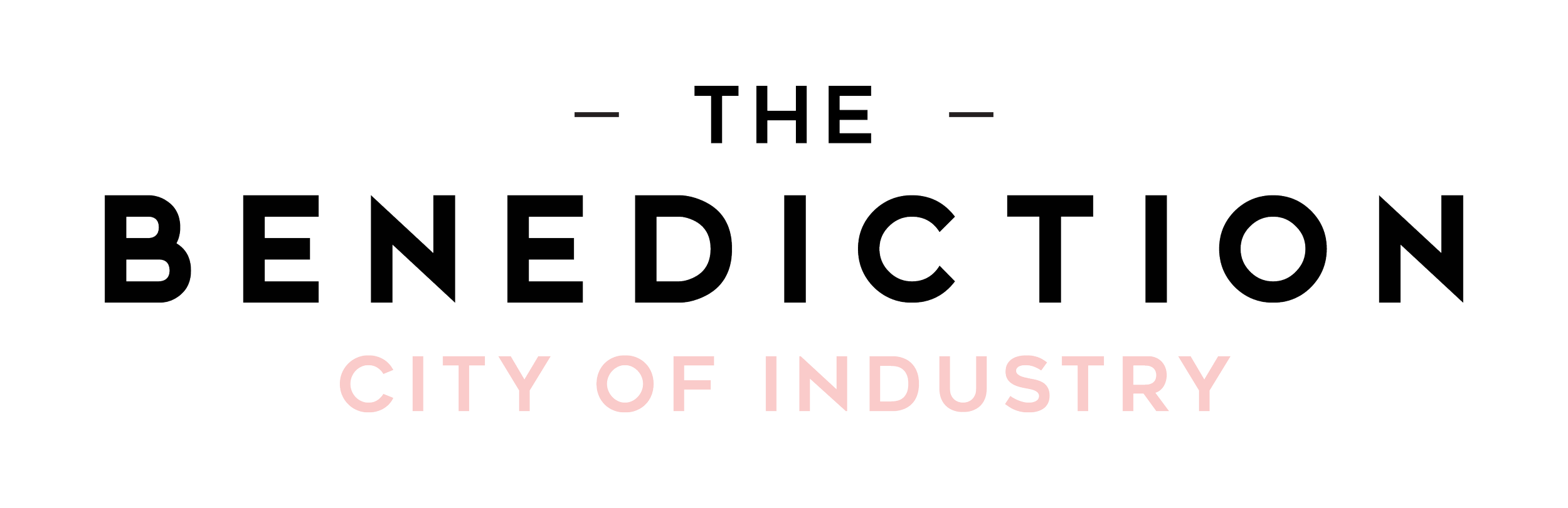 Logo with the text 'The Benediction City of Industry' in black outline letters and pink fill.