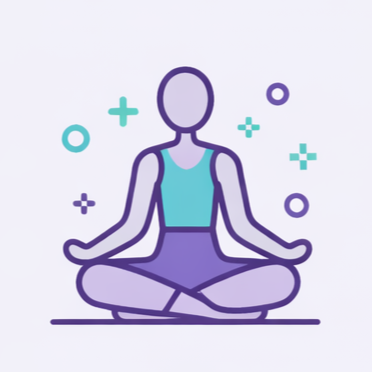 Simple illustration of a person meditating in a cross-legged yoga pose with floating geometric shapes around them.