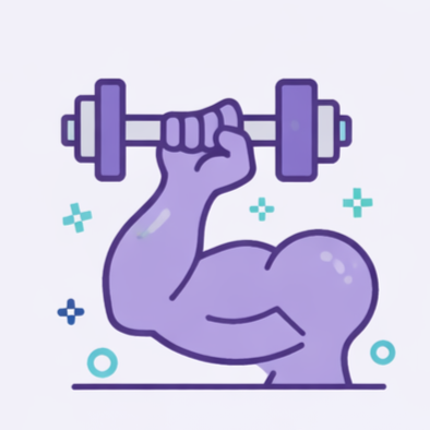 A muscular purple arm flexing with a hand holding a dumbbell above it.