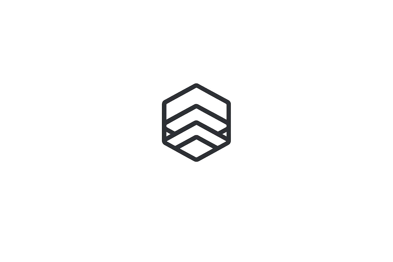 A minimalist line art logo featuring a geometric shield shape with three horizontal chevrons inside, all in black on a white background.