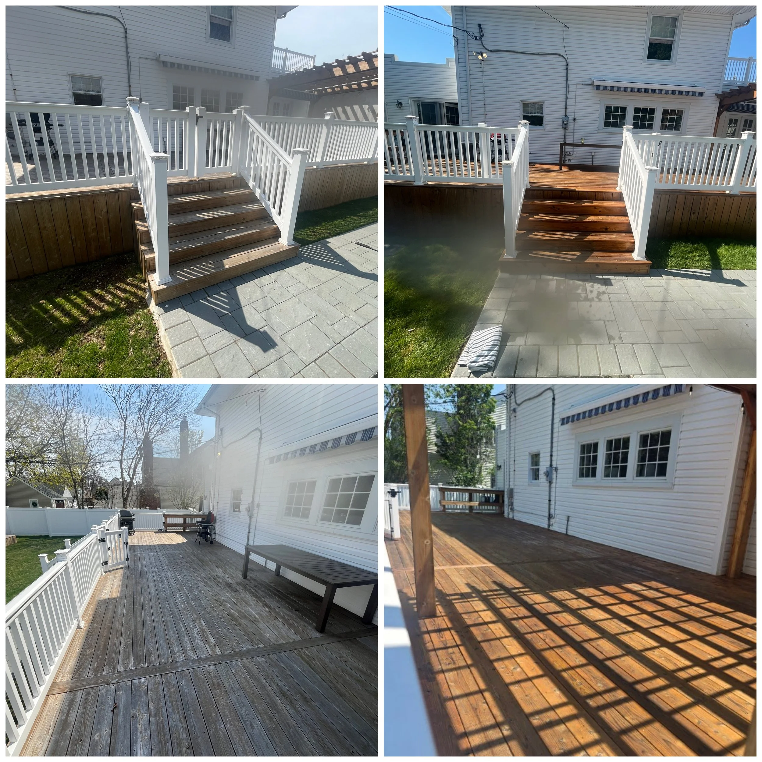 Comparison of a wooden deck before and after cleaning and staining, with white railing and part of a house with white siding in the background.