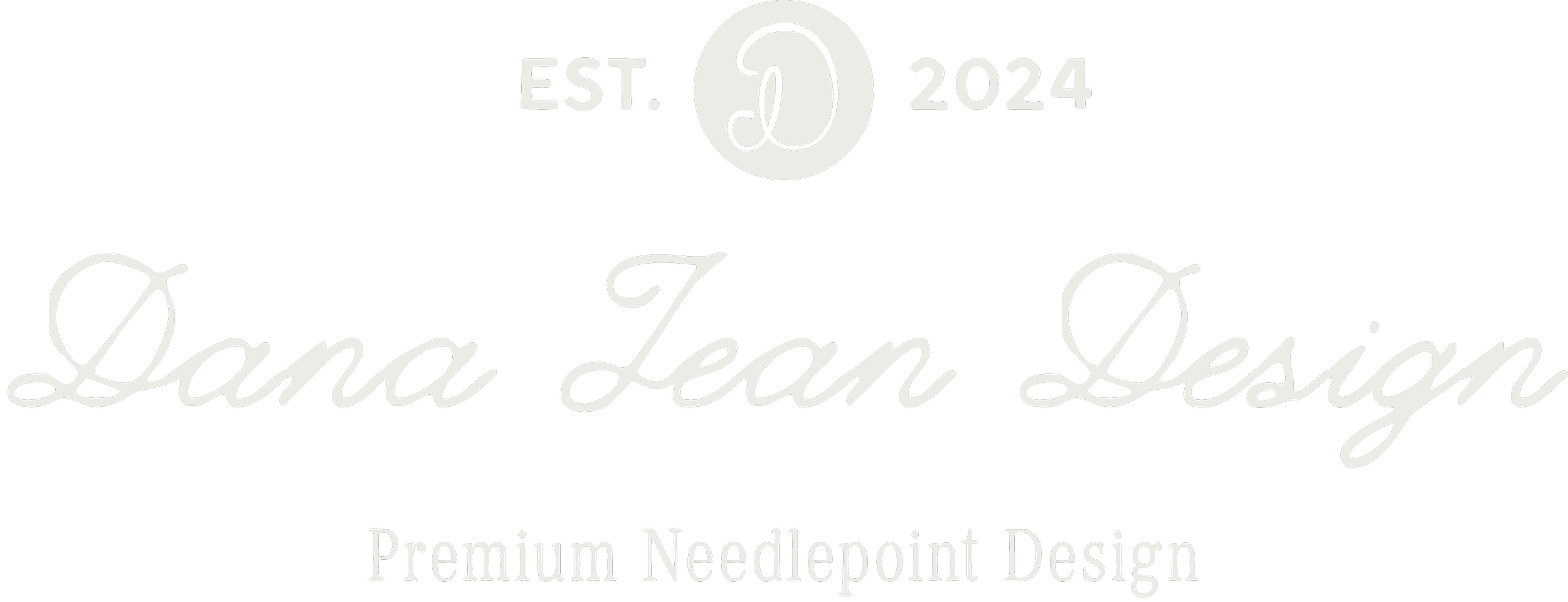 Black logo with white text that reads "Dana Jean Design" with a circular icon above containing a stylized letter 'D.' The logo states it was established in 2024 and offers premium needlepoint design.