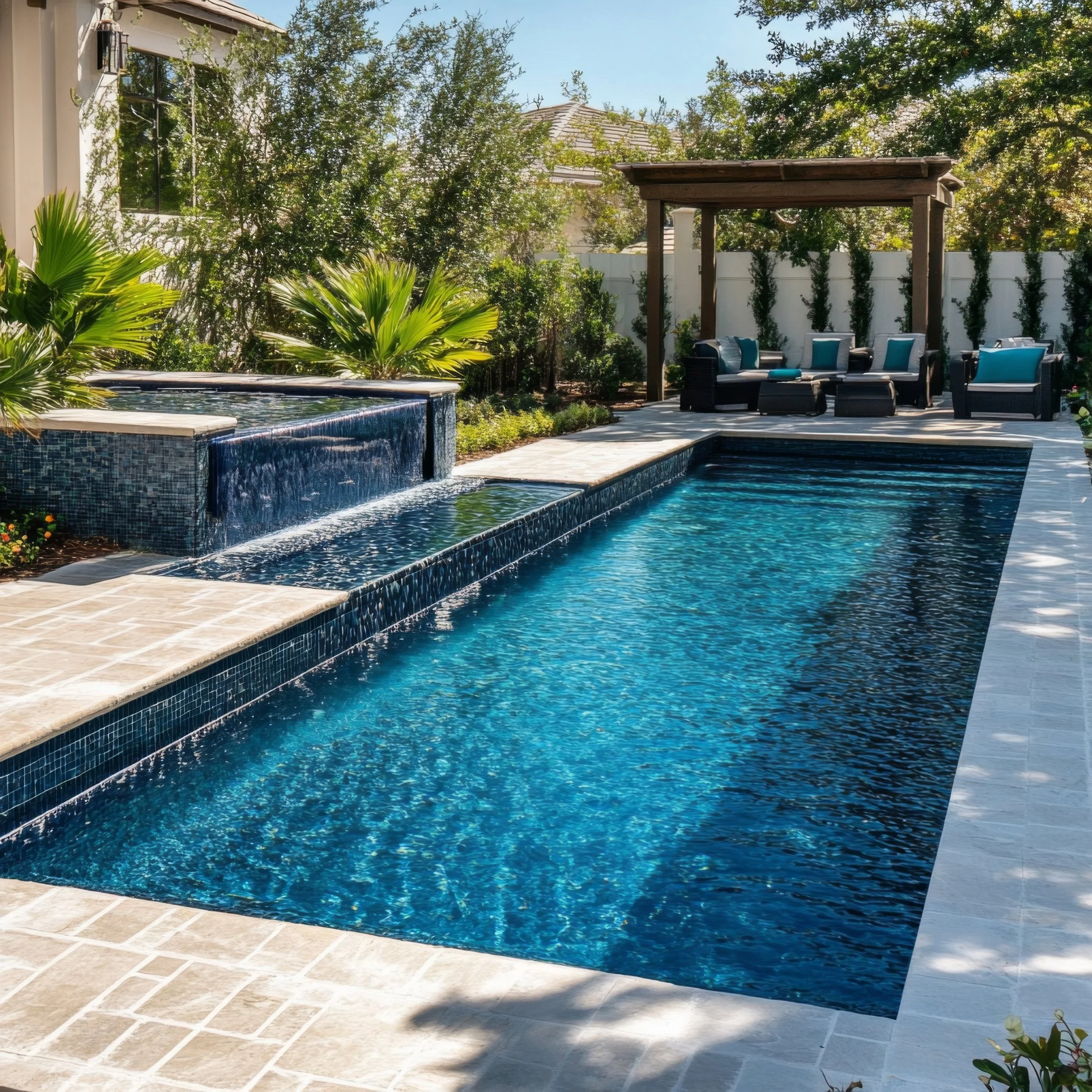 Modern custom pool with raised spa in Lafayette by Gulf South Pools & Outdoors.