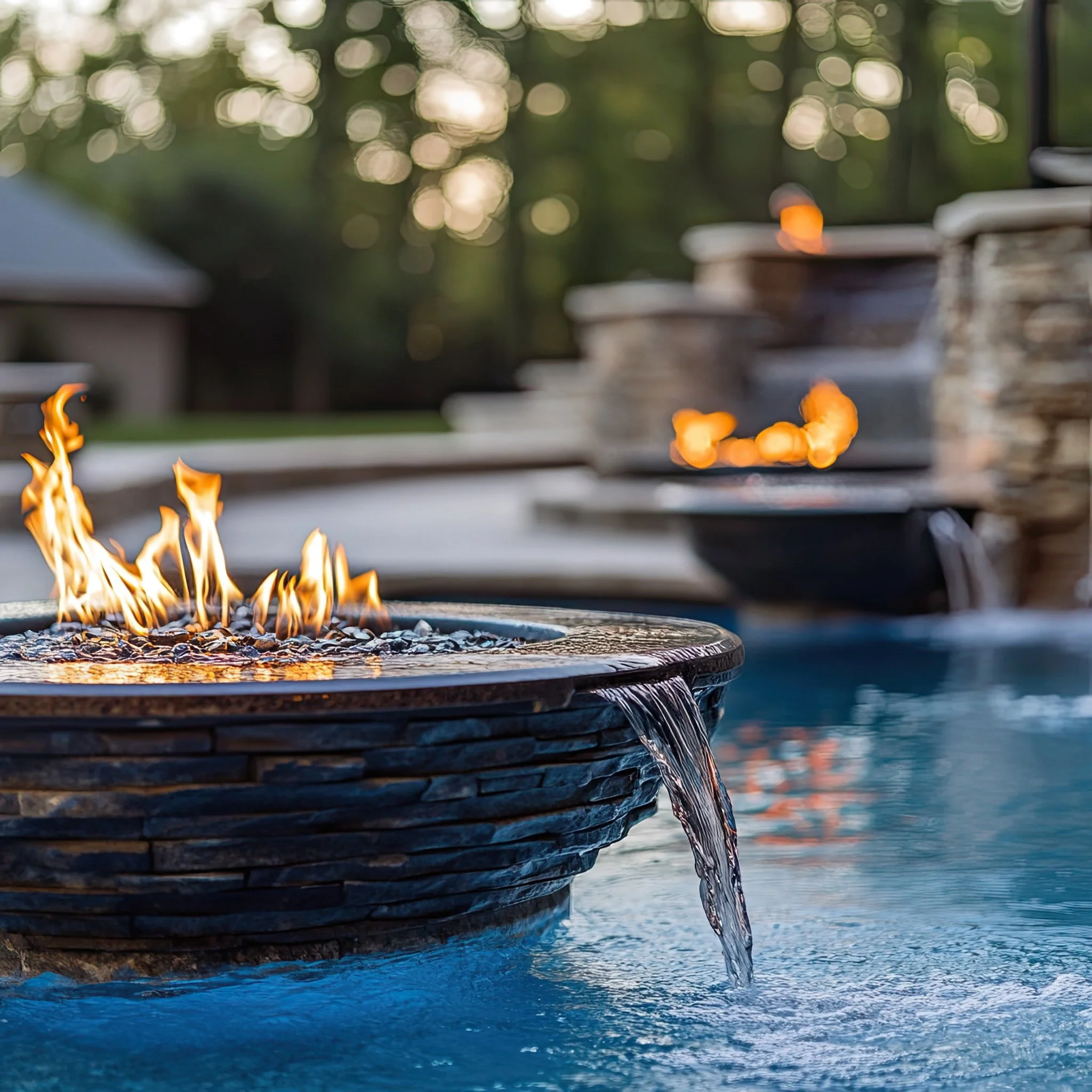 Luxury custom pool with fire and water features in Baton Rouge by Gulf South Pools & Outdoors.