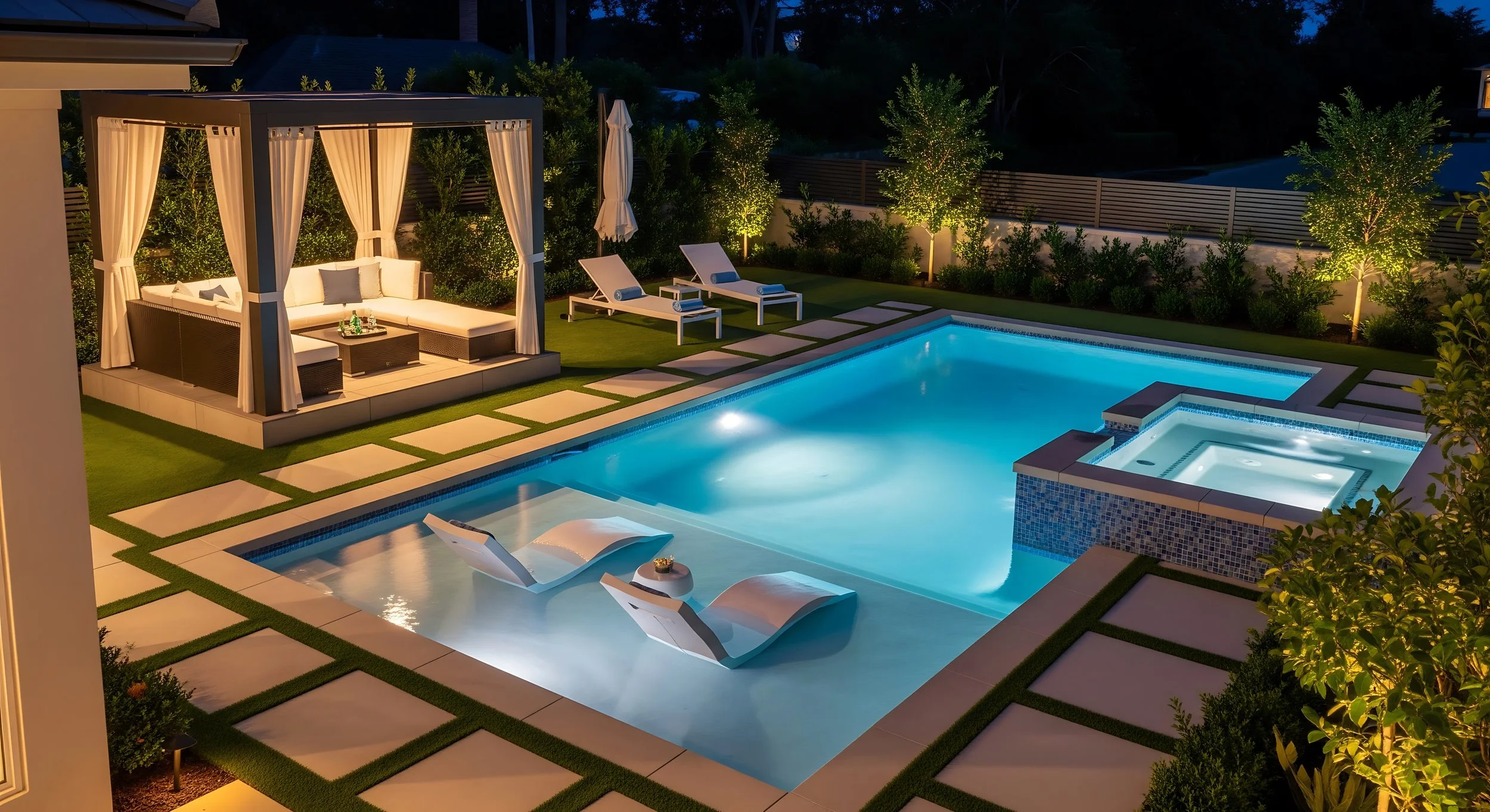 Luxury custom pool with spa, cabana, and tanning ledge in Baton Rouge by Gulf South Pools & Outdoors.
