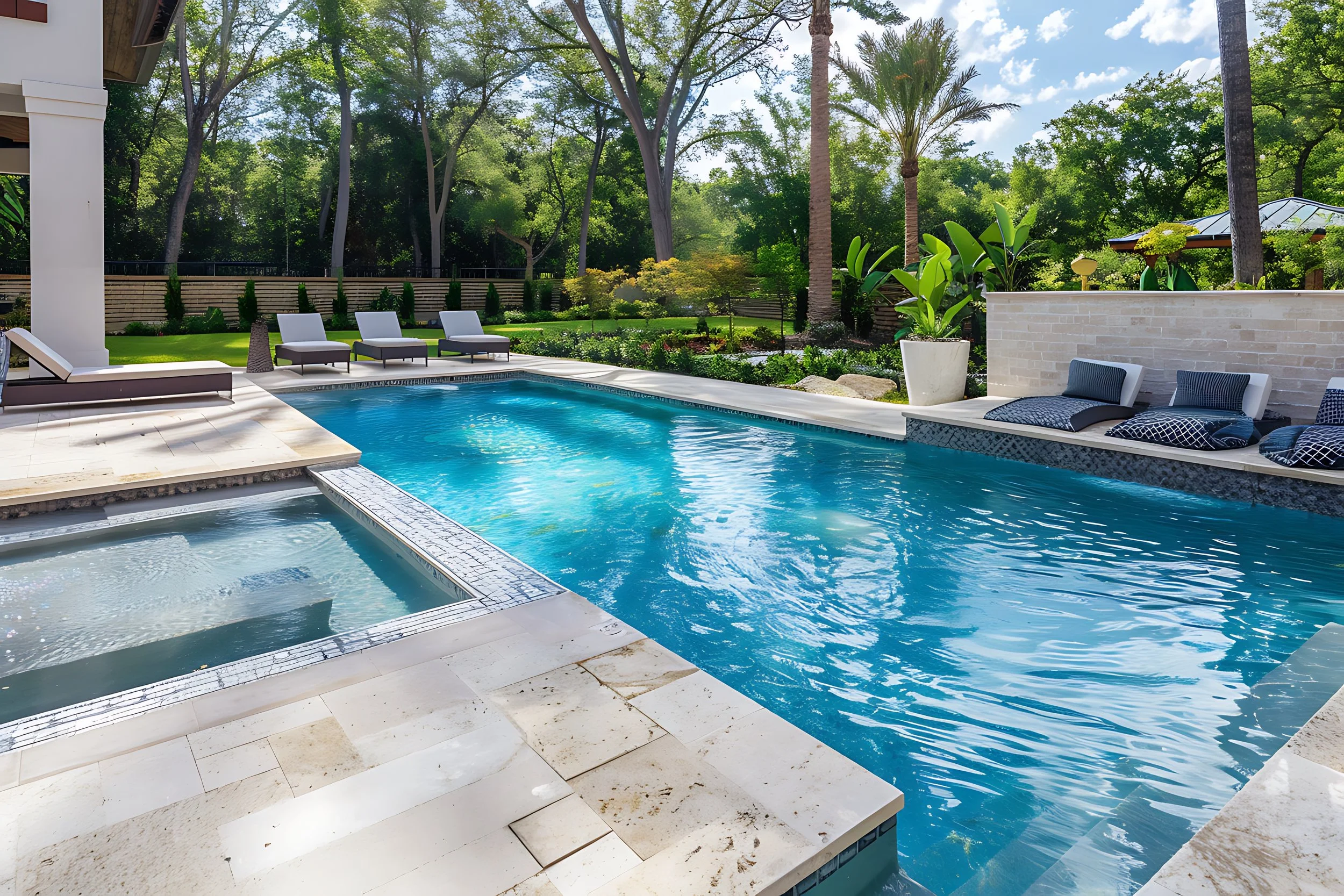 Custom rectangular pool and spa built for Baton Rouge homeowners by Gulf South Pools & Outdoors.