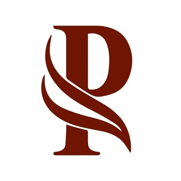 Logo featuring a large, brown letter D with a stylized leaf or flame design wrapping around it on a white background.