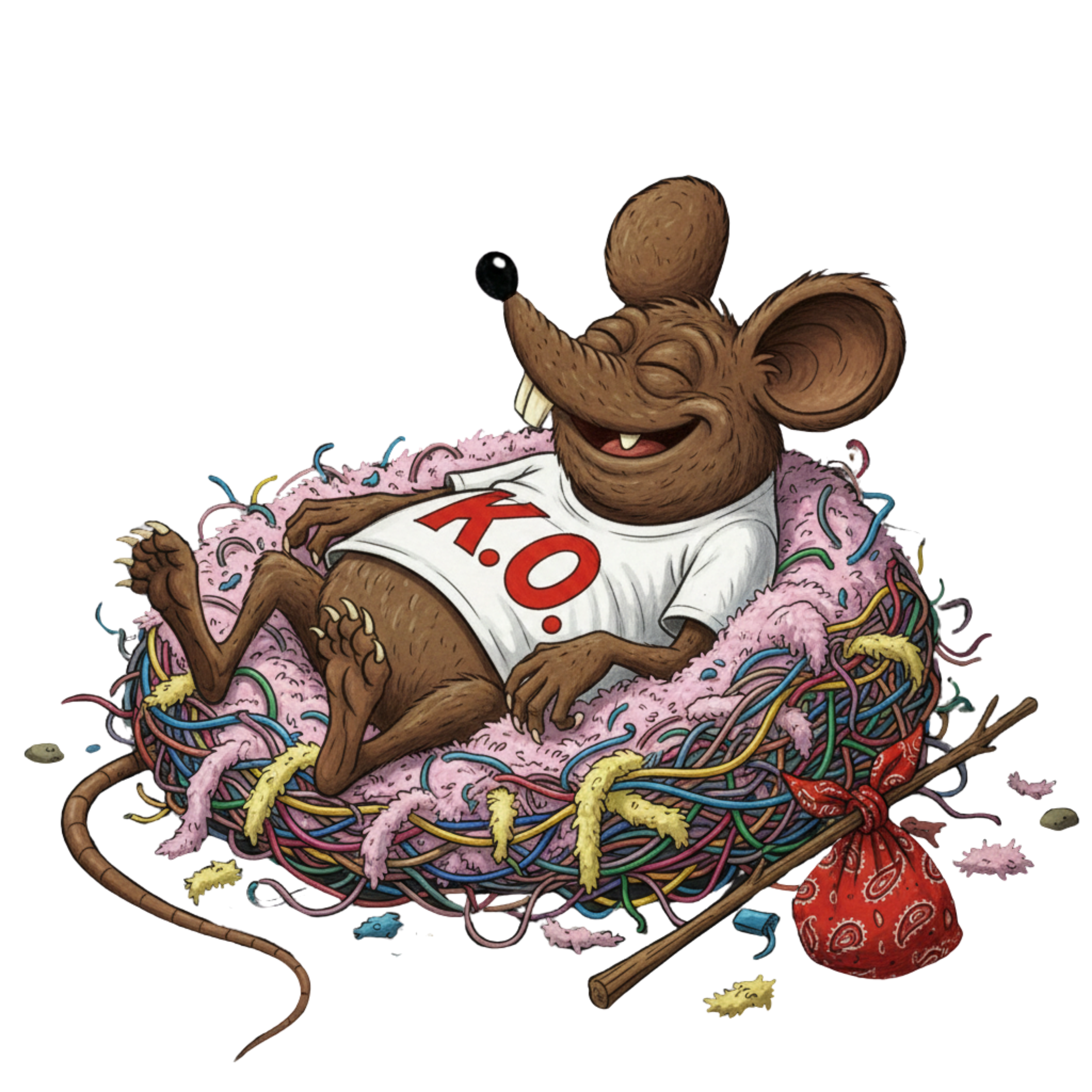 A cartoon mouse wearing a white T-shirt with the letters 'K.O.' in red, relaxing on a nest of pink fur and tangled colorful wires, with a red bandana tied to the side of the nest.