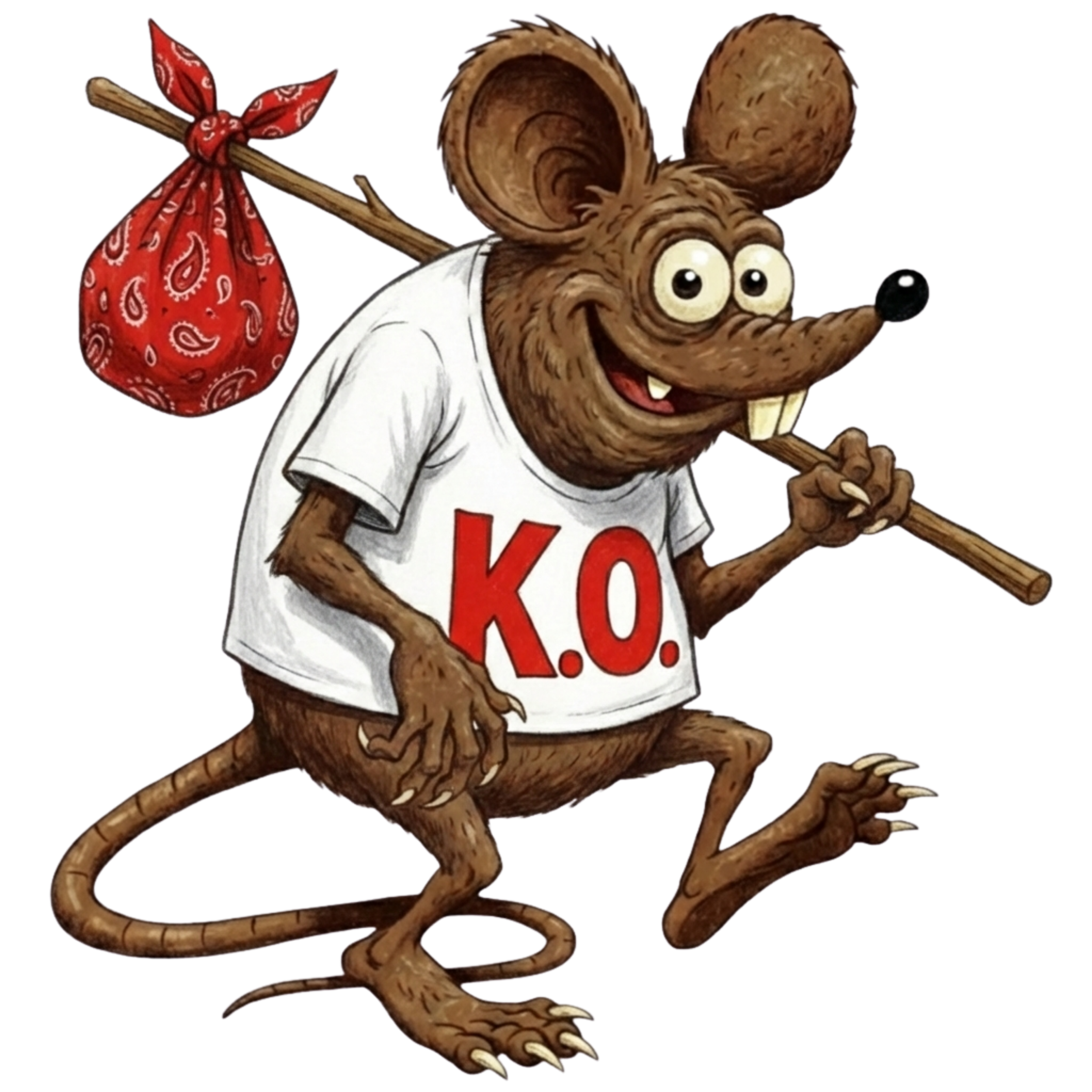 A cartoon mouse wearing a white T-shirt with red letters "K.O."; the mouse has brown fur, large ears, and buck teeth, and is carrying a stick over its shoulder with a red bandana tied to the stick, resembling a bandit or thief.