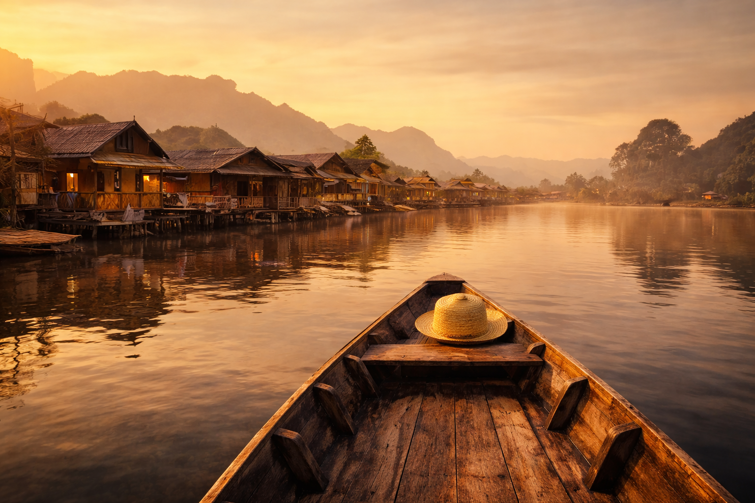 A wooden boat with a straw hat resting on it, floating on a calm river at sunset, with traditional wooden houses on stilts along the riverbank and lush mountains in the background.