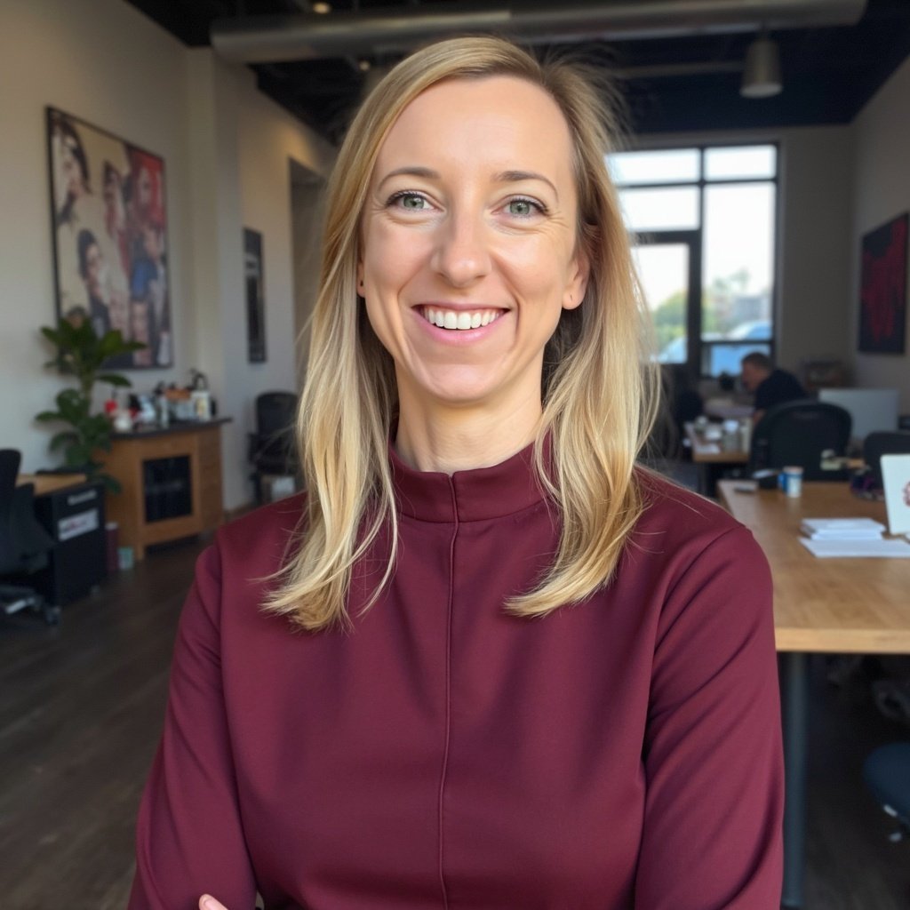 A smiling woman with blonde hair and blue eyes in a professional office setting, wearing a maroon blouse.