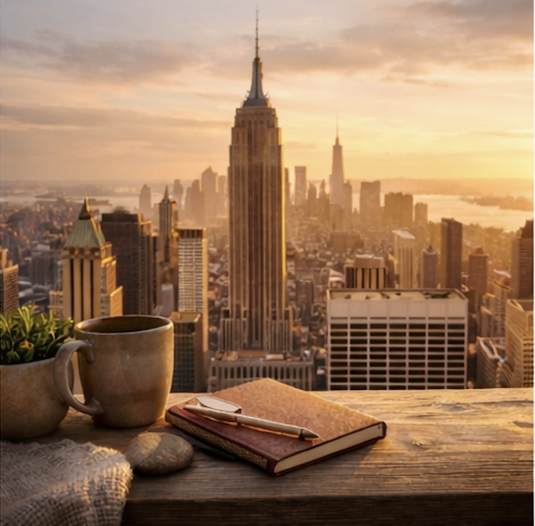 Sunset view of New York City skyline with Empire State Building, with a wooden table in the foreground holding a notebook, a pen, a ceramic mug, and a small potted plant.