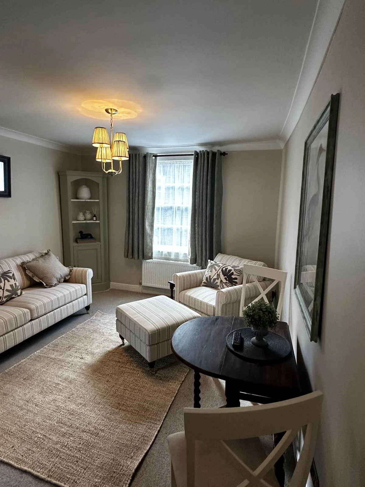 Living room with striped sofa, armchair, ottoman, a round table with a plant, window with curtains, and a rug.