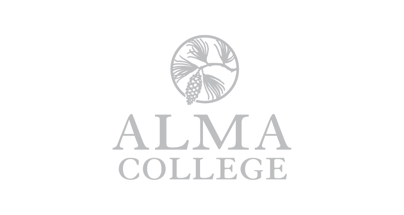 Alma College logo featuring a stylized pine cone and pine branch above the text 'ALMA COLLEGE'