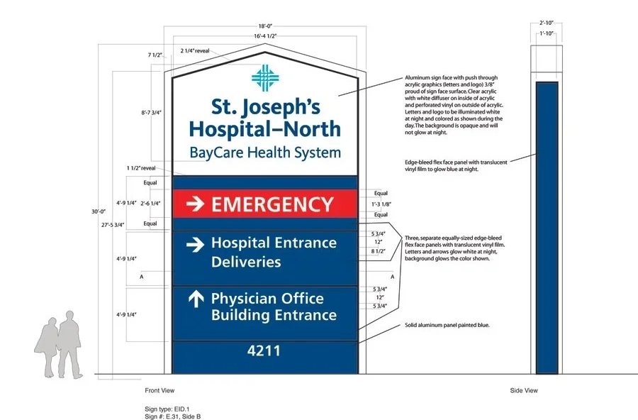 Design plans and measurements for a hospital sign, including sections for emergency, hospital entrance, physician office entrance, and a blue background with hospital name and logo.