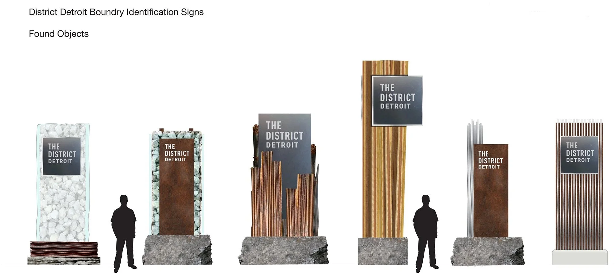 A display of six outdoor signs titled 'District Detroit Boundary Identification Signs', each with different designs and materials, with two human silhouettes for scale.