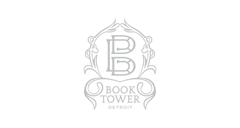 A logo featuring a stylized letter B with ornate decorative elements, the words 'Book Tower' and 'Detroit' below it.