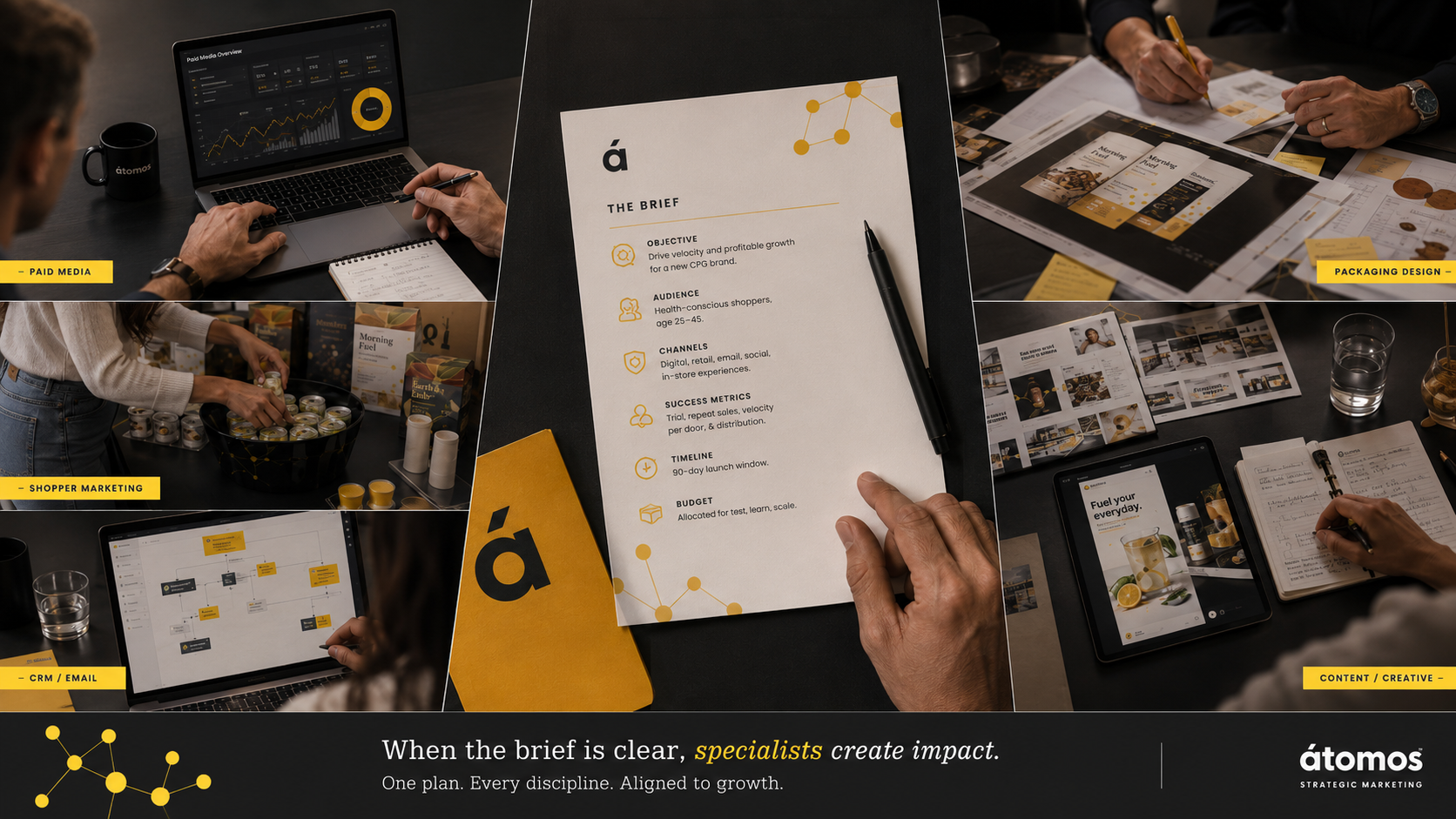 Clear marketing brief aligning paid media, packaging, CRM, shopper marketing, and creative specialists.