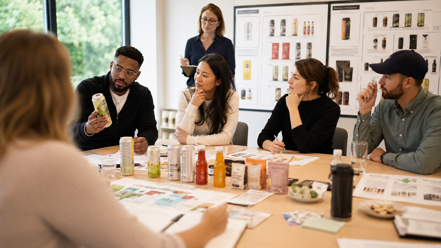 A consumer panel taste-testing beverages and snacks, competitor packaging on the wall behind them — how átomos, a fractional CMO firm for food and beverage led by Rich Rodríguez-Mahé, validates CPG positioning before a brand spends to scale.