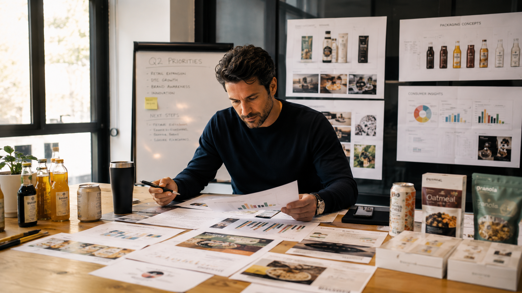 A fractional CMO working through a food and beverage brand's marketing architecture: Q2 priorities on the whiteboard, packaging concepts and consumer insights on the wall, and retail samples spread across the desk for evaluation.