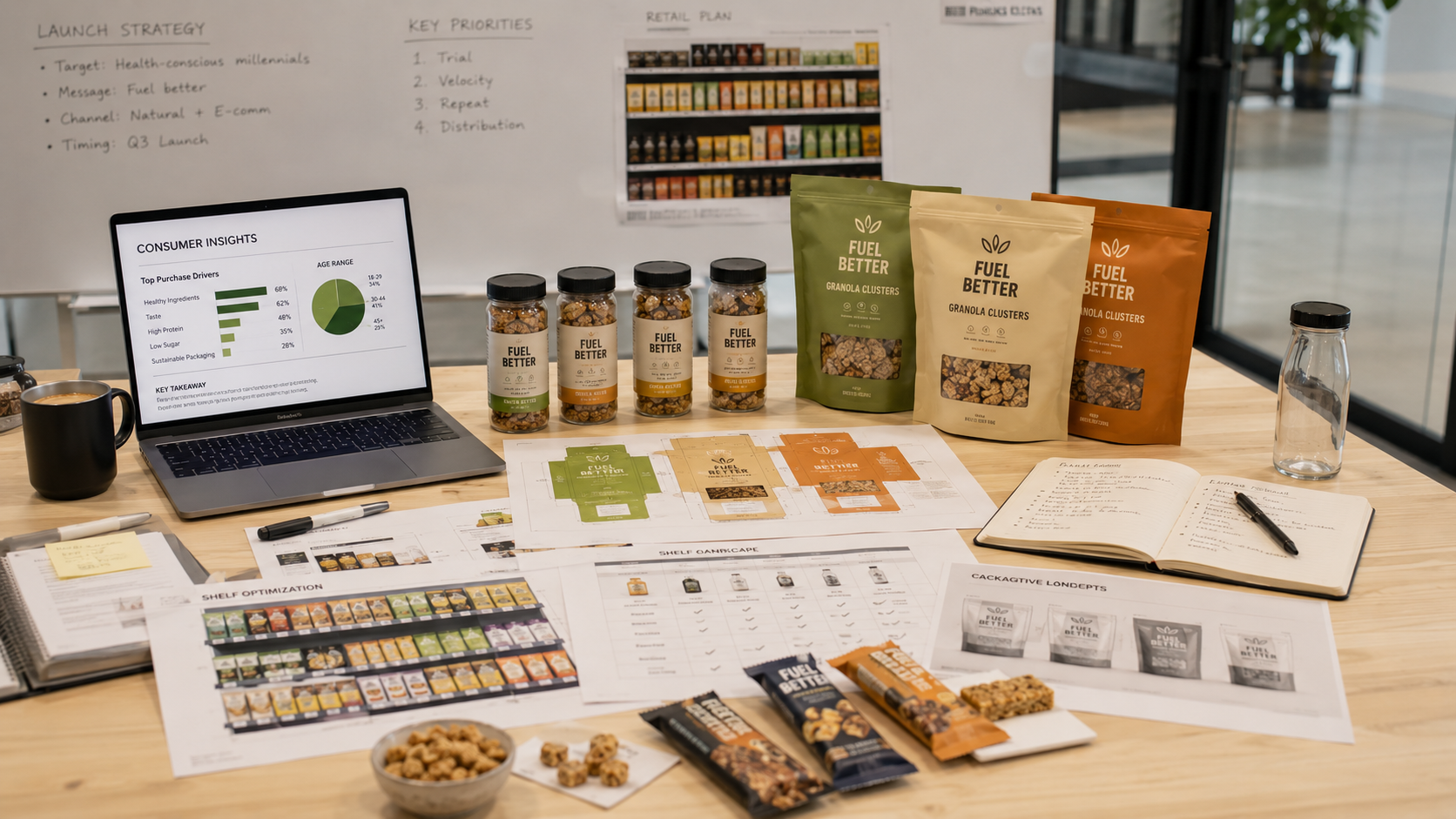 A food and beverage brand's launch architecture laid out: consumer insights, packaging concepts, shelf optimization, and retail plan — alongside the actual product.