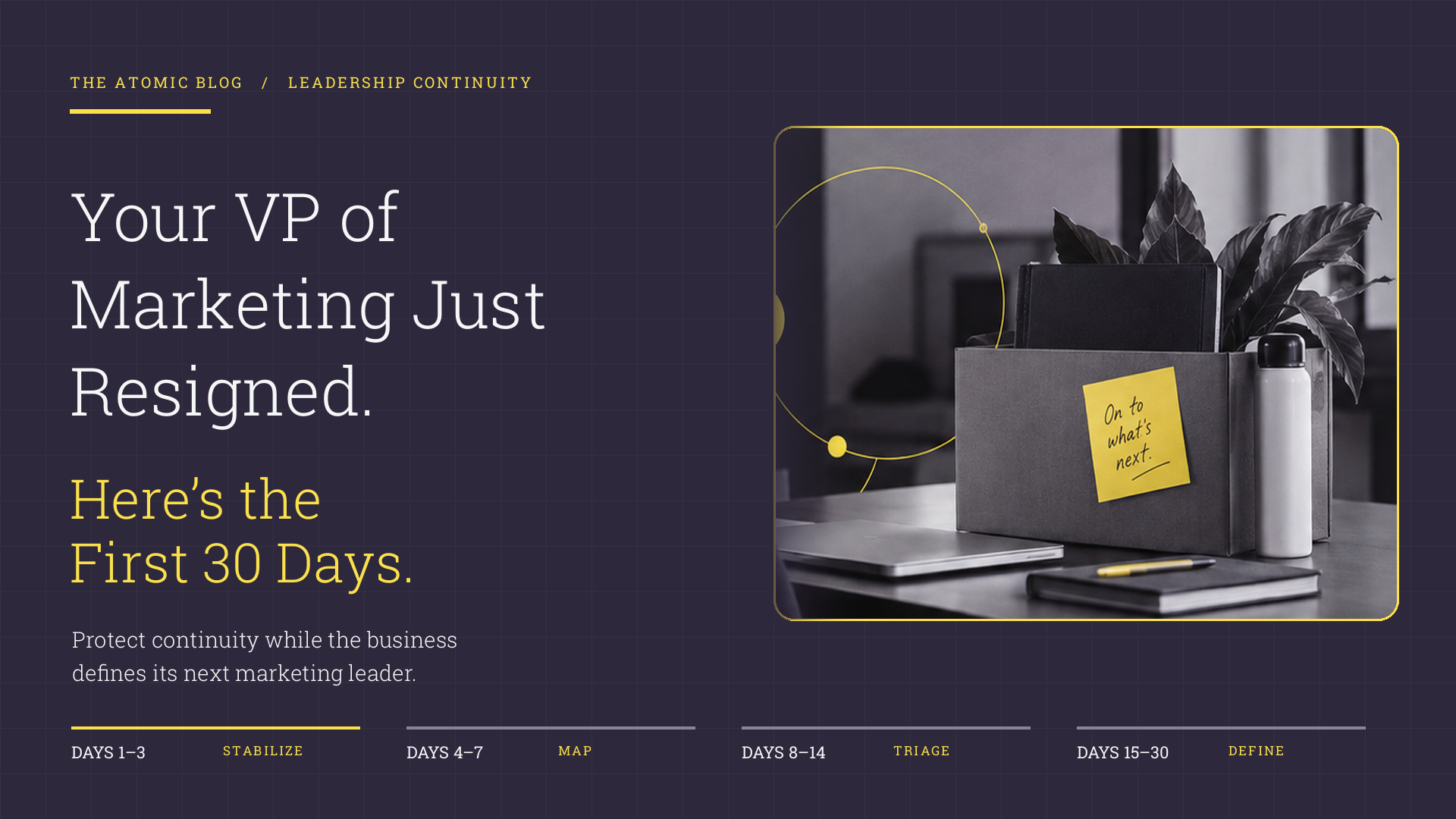 Vacant marketing leadership desk with a moving box and a four-stage timeline for the first 30 days after a VP of Marketing resigns.