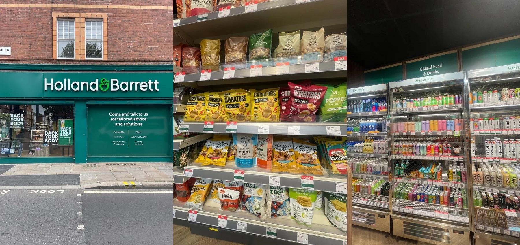 UK wellness retail displays at Holland & Barrett featuring functional beverages, healthy snacks and wellness products.