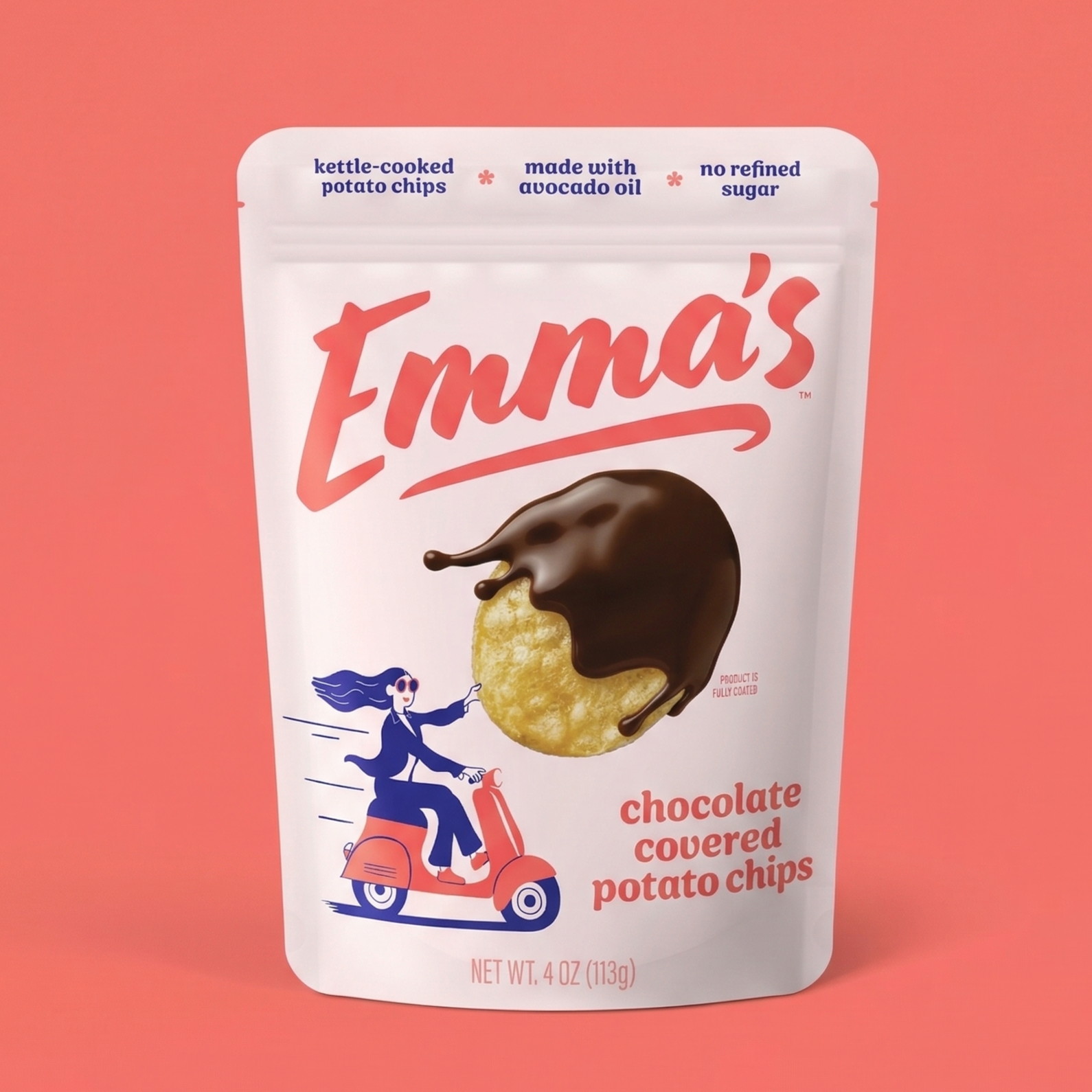 Bag of Emma's Chips on coral background - which átomos helped develop branding for