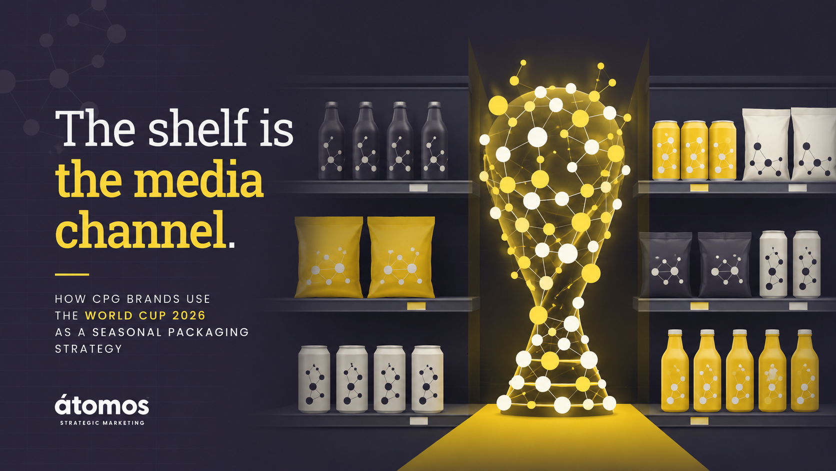Editorial graphic showing generic CPG packaging on a retail shelf with a molecule-shaped trophy, illustrating how World Cup 2026 seasonal packaging turns the shelf into a media channel.