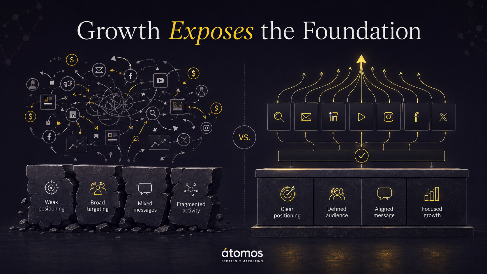 CPG growth sequencing framework showing strategy decisions preceding agencies, spend, distribution, and headcount.