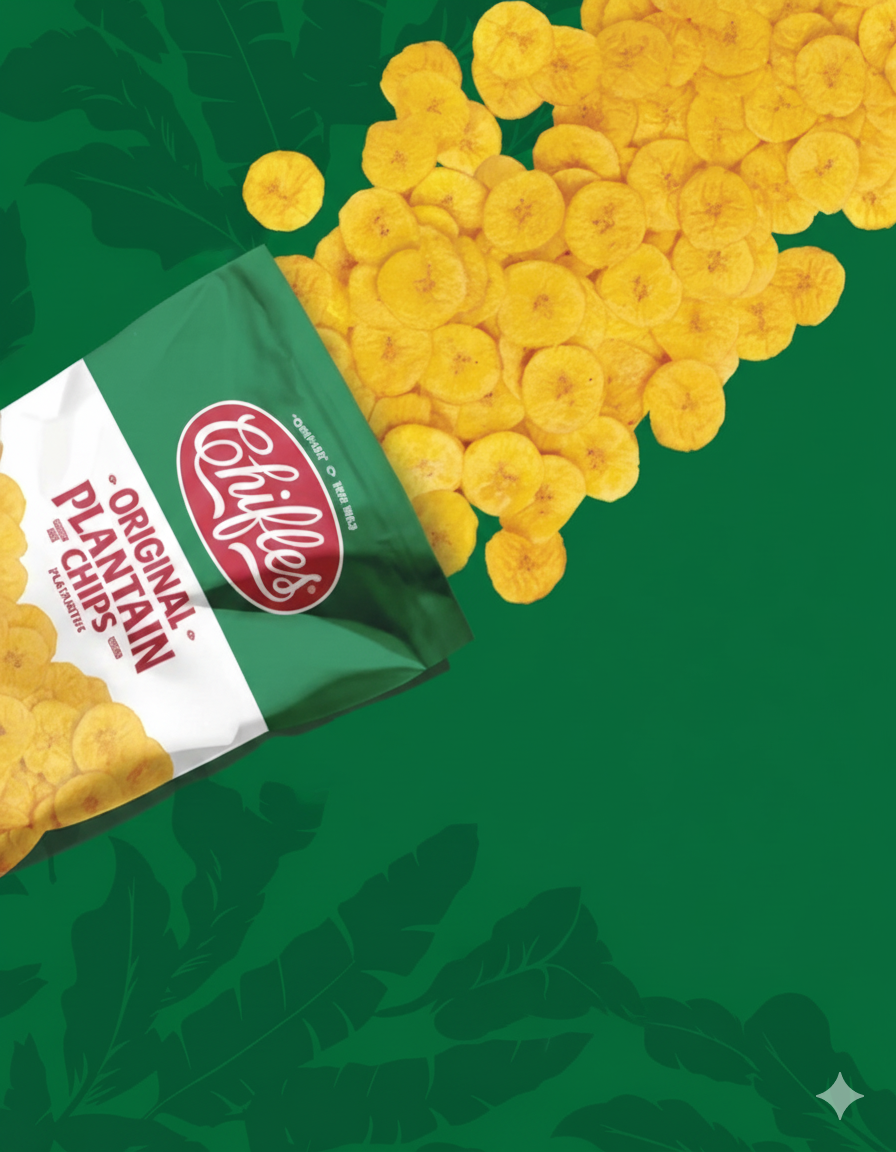 A bag of Original Chifles Chips open laying down and spilling out on green background