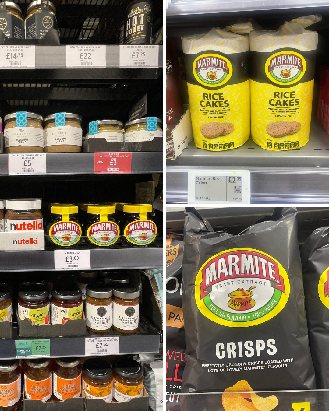 Marmite yeast extract jars displayed in the spreads section of a London M&S store, showing the core product before the brand extends into snacks and other formats.