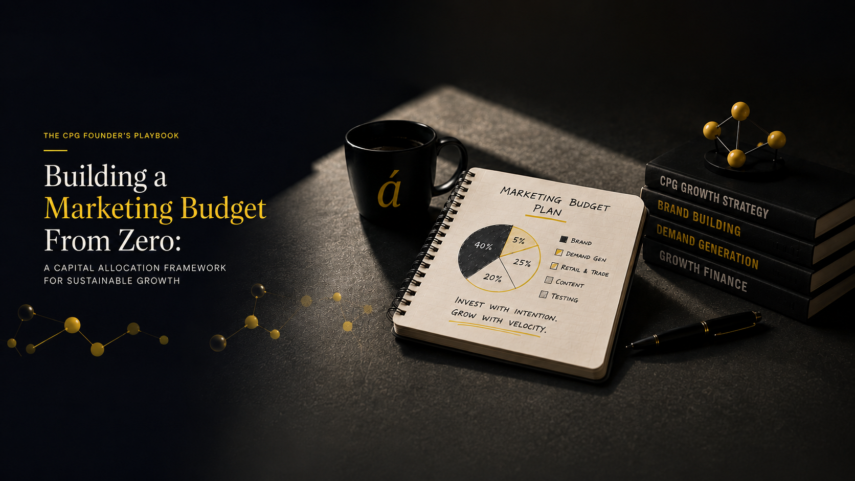 CPG marketing budget planning notebook with strategy books and yellow accents illustrating capital allocation.
