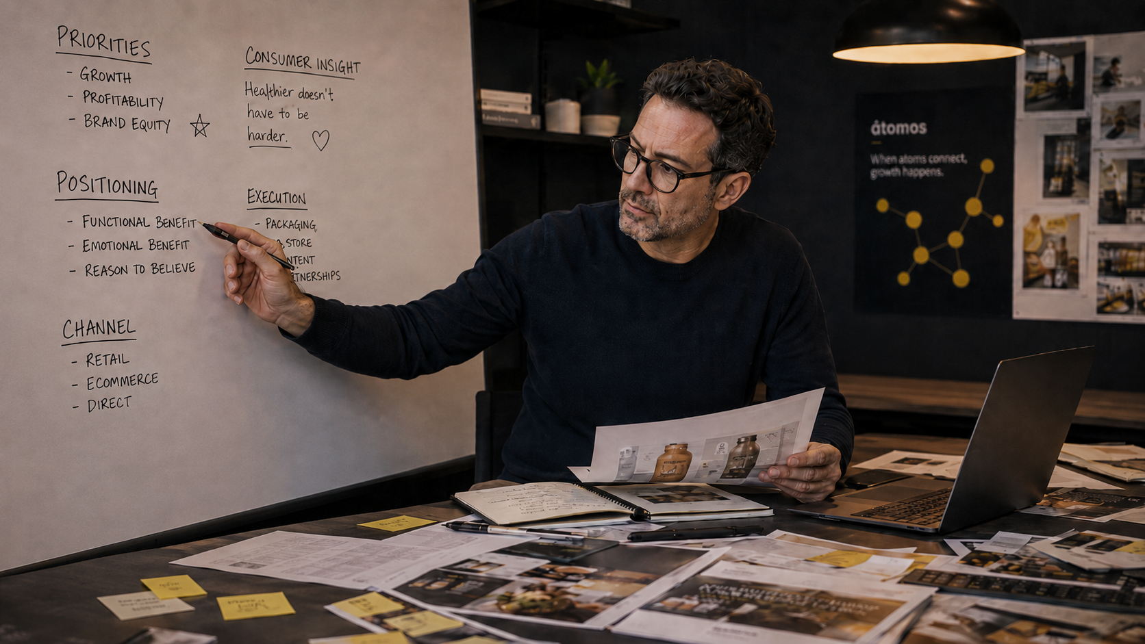 CPG marketing leader connecting positioning, consumer insight, channels, and execution in a strategy session.