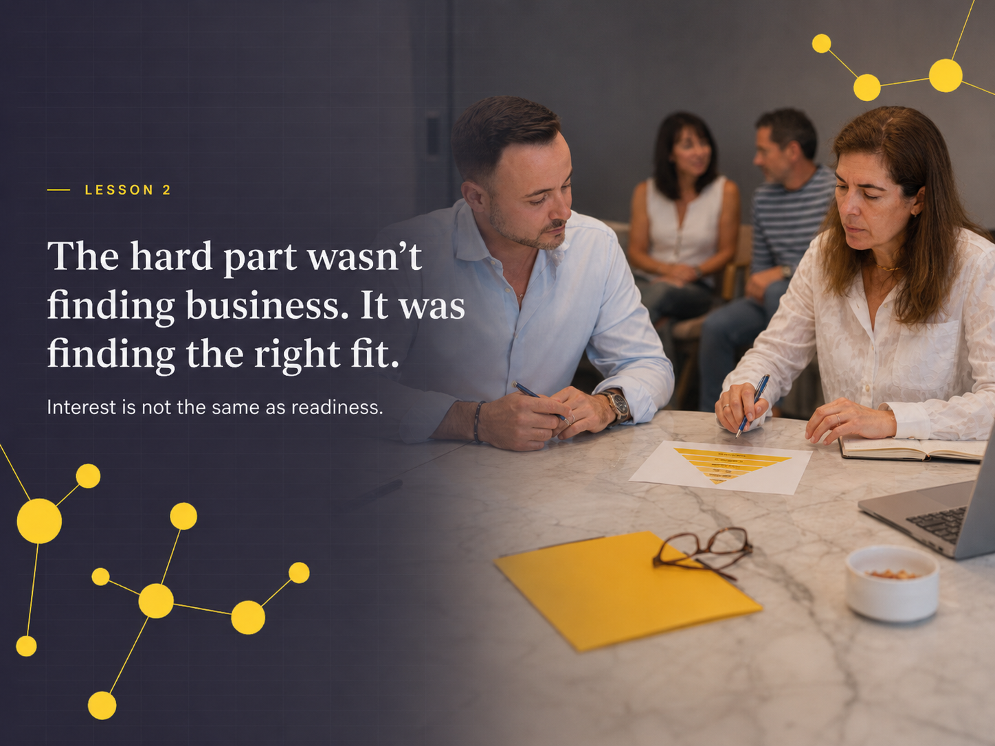 Lesson 2 image for átomos’ second anniversary blog, showing a team strategy session with the headline “The hard part wasn’t finding business. It was finding the right fit.”