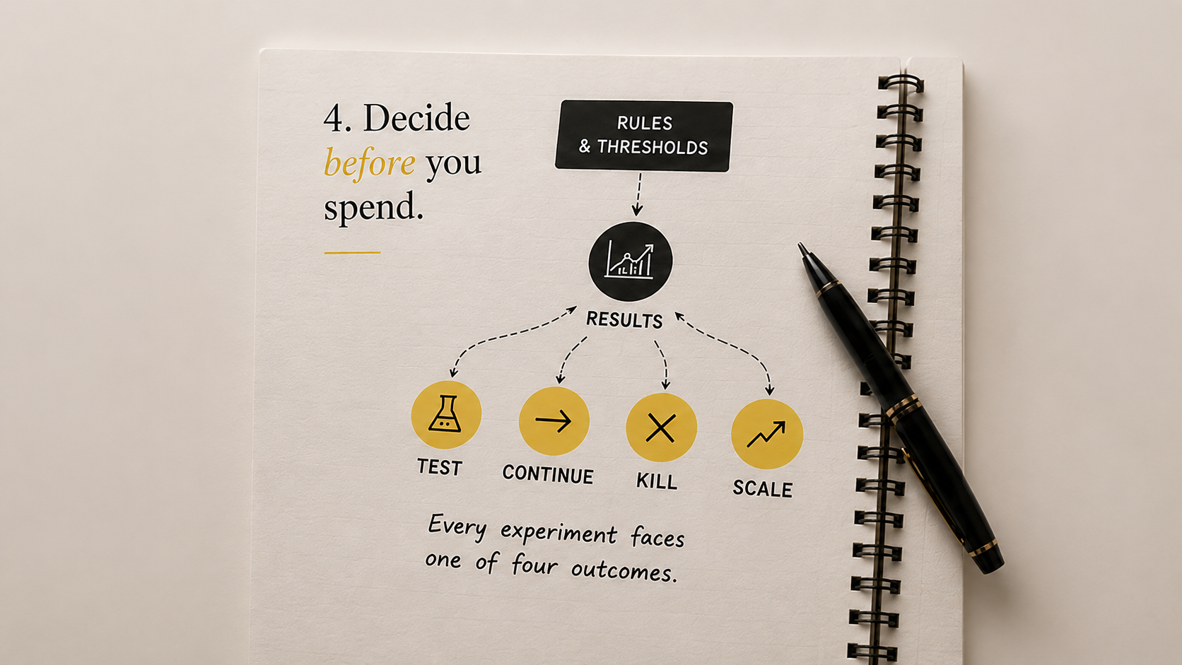 Decision framework with rules set before results, leading to Test, Continue, Kill, or Scale outcomes.