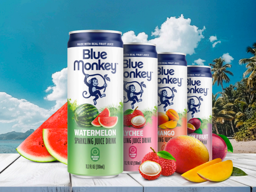 Image of Blue Monkey Sparkling Juice Drink cans in several flavors - brand new design that átomos supported from a Marketing perspective