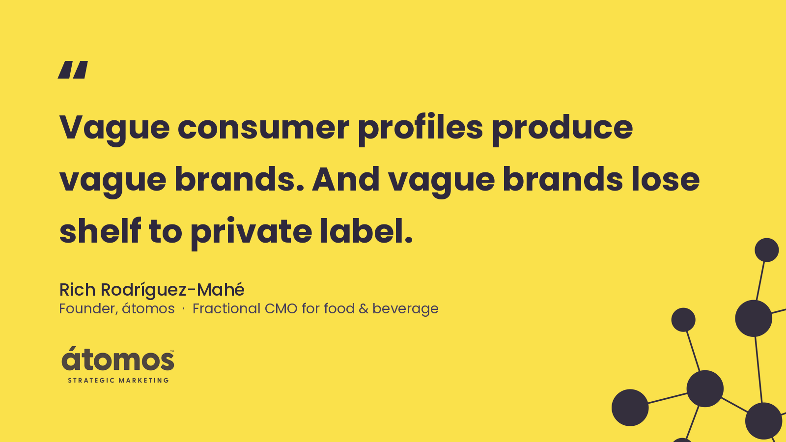 A quote card from átomos, a fractional CMO firm for food and beverage led by Rich Rodríguez-Mahé, reading: 'Vague consumer profiles produce vague brands. And vague brands lose shelf to private label.'
