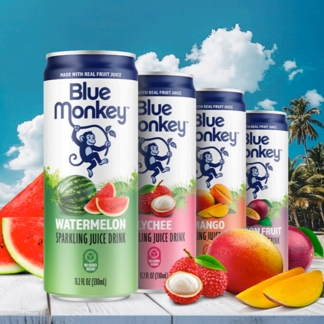 Image of Blue Monkey Sparkling Juice Drinks - a brand that átomos serves ass fractional CMO for cans in several flavors - brand new design that átomos supported from a Marketing perspective